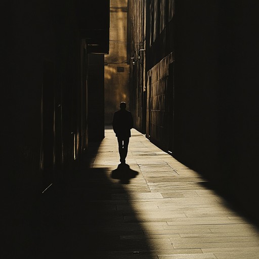 This instrumental track features a haunting hiphop rhythm layered with eerie synth melodies and deep bass lines, creating a suspenseful atmosphere reminiscent of wandering through dark urban alleys at night.