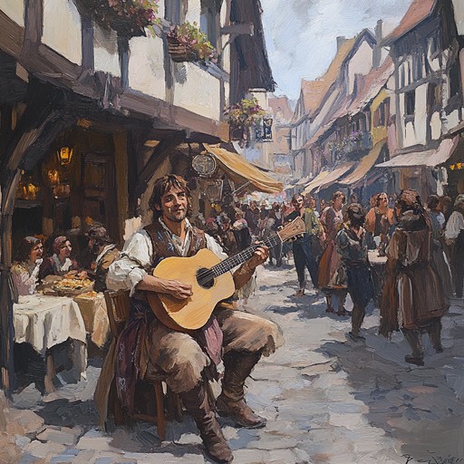 Envision a lively medieval marketplace bustling with activities, where troubadours entertain with energetic tunes as merchants and townsfolk engage in their daily routines. This instrumental piece, characterized by rhythmic lute strumming and upbeat melodies, captures the essence of market merriment and camaraderie.