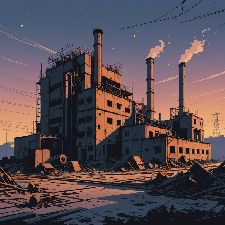 This track embodies the sonorous collapse of grandeur amidst decaying industrial environments. Deeply resonant bass lines intertwine with the metallic clang of industrial noise, crafting a soundscape of desolation and majestic decay. The music echoes the juxtaposition of past industrial might with the haunting silence of its downfall