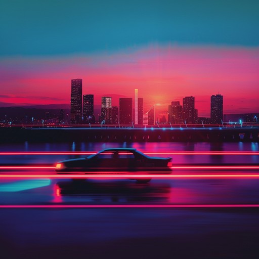 Picture driving through a city at twilight, neon lights flicker as a warm synthwave melody embraces you, filled with dreamy nostalgia and heartwarming moments that linger in the mind.