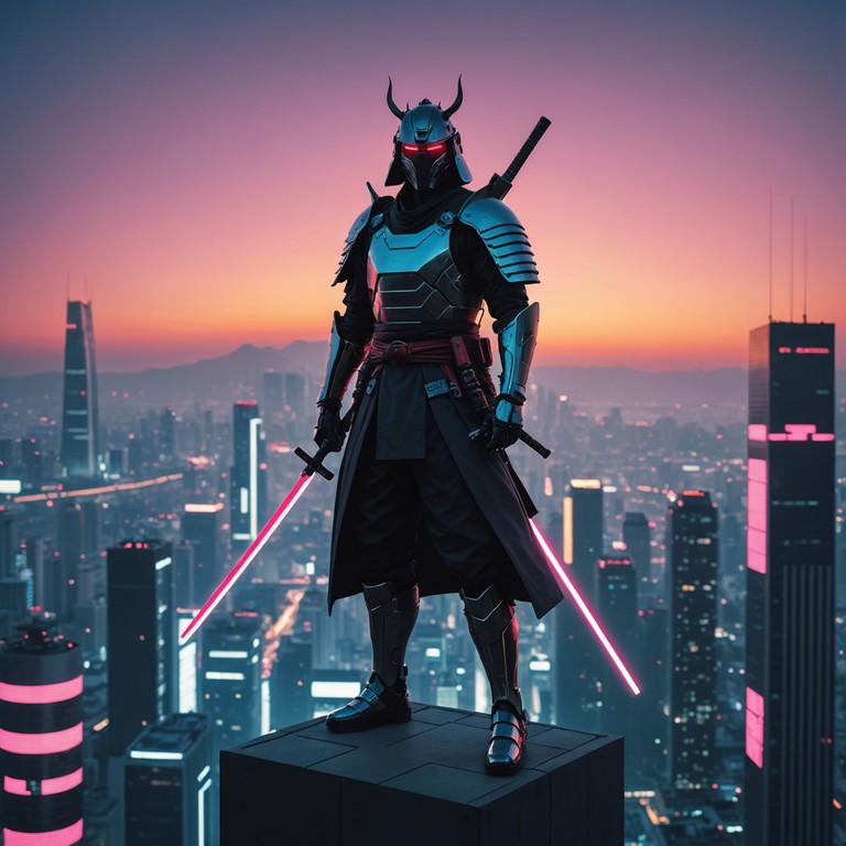 This track blends the futuristic sounds of cyberpunk aesthetics with the timeless melodies of the east, creating a landscape where ancient traditions meet neon lit, dystopian cityscans. Using a shamisen for its sharp, twangy tone, this composition captures the essence of a modern samurai navigating through a high tech urban environment.