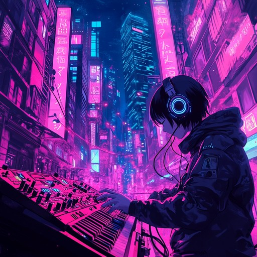 An upbeat instrumental track that fuses funky basslines and rhythmic synths inspired by anime soundtracks, capturing the energy of a neon lit futuristic cityscape.