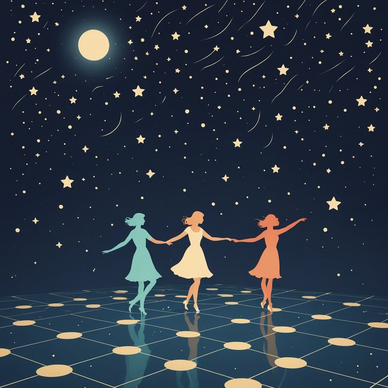 Tune into this serenade of celestial rhythms perfectly blended with a lively swing dance beat, where each note promises to lift you off your feet and swirl you through a stardust laden dance floor under a starry sky.