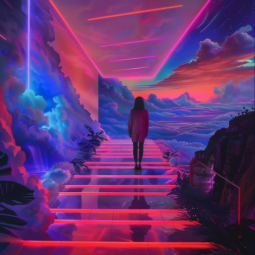 Imagine yourself drifting weightlessly through an otherworldly landscape, bathed in vibrant hues of pink, blue, and purple neon lights. The ethereal atmosphere envelops you as the gentle, pulsating rhythms guide your journey. Delicate synth pads paint a canvas of tranquility, while soft, muffled beats create a soothing heartbeat. Minimal, reverb-drenched guitar melodies echo in the distance, adding a touch of melancholy to the dreamlike soundscape. As you float further into this enchanting realm, the layers of sound evolve and intertwine, creating a richly textured tapestry that soothes the soul and calms the mind. This immersive downtempo experience invites you to let go of your worries and surrender to the beauty of the present moment