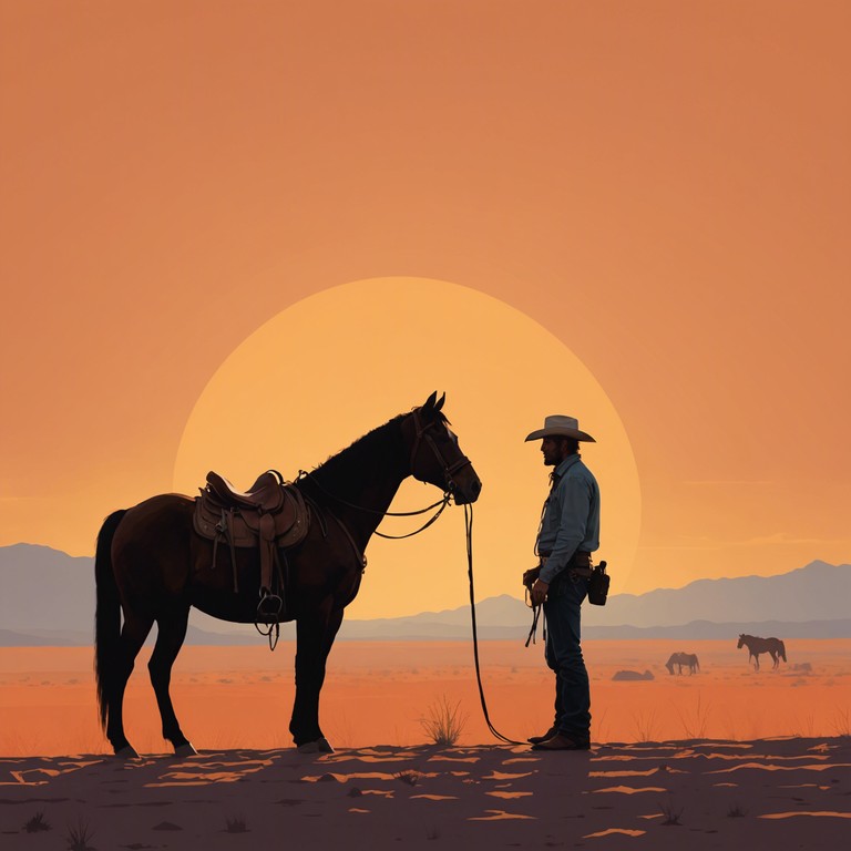 As dusk embraces the desert, our cowboy's thoughts turn to what was and might have been, the soft notes of his harmonica playing a tribute to a life of quiet introspection and enduring heartache. Glimmering sands under a fading pink sky provide a canvass for his silent contemplation.