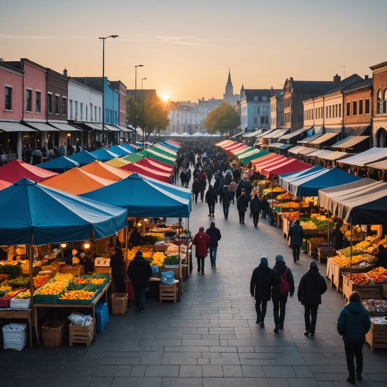 Imagine a bustling marketplace at dawn. The music captures the energetic vibe of vendors setting up, the early birds bustling about, the vivid colors and scents all portrayed through a lively melody played on a marimba. This sound encapsulates the hustle, the diverse dialogues between sellers and buyers, and the overall vibrancy of morning trade in an open air market.