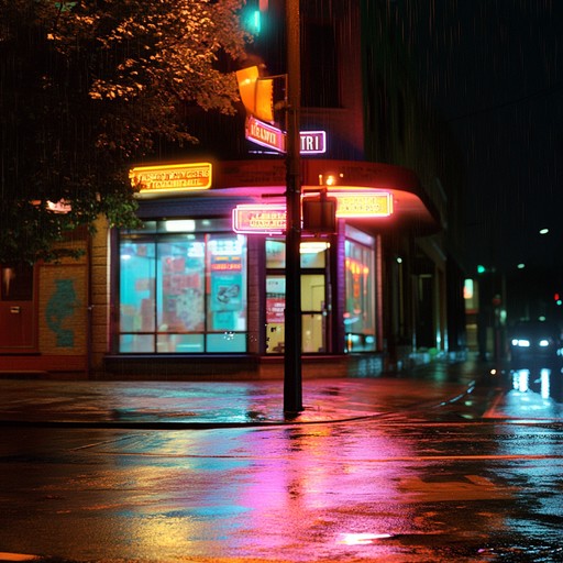 A sonic painting of a rainy city night, with music that captures the reflective shimmer of neon lights on wet pavement. The slow, drifting sounds create an atmosphere thick with nostalgia and urban solitude.