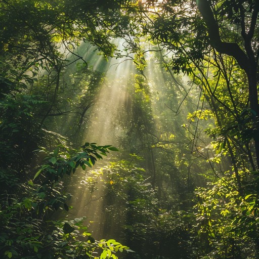 An orchestral composition capturing the vibrant, pulsating energy of an ancient emerald forest, with sweeping strings, emphatic brass, and lively woodwinds driving the melody forward. The music evokes a sense of discovery and wonder as it crescendos into exhilarating climaxes that mirror the untamed, thriving spirit of nature.