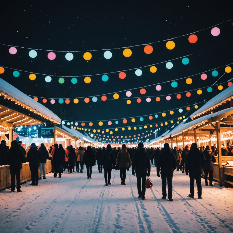 A vibrant track awash in the atmosphere of a bustling winter festival, where charming lights twinkle amidst snowy scenes, blending the jubilant vibes of communal celebration with moments of dramatic flair. This song captures the essence of a communal gathering on a cold winter's night, full of energy and the drama of human interactions, all wrapped in festive spirit.