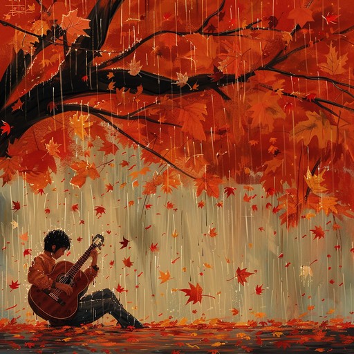 A soul stirring latin piece featuring classical guitar and piano, painting the mournful soundscape of an autumn rain, evoking deep reflections and nostalgic sorrows.