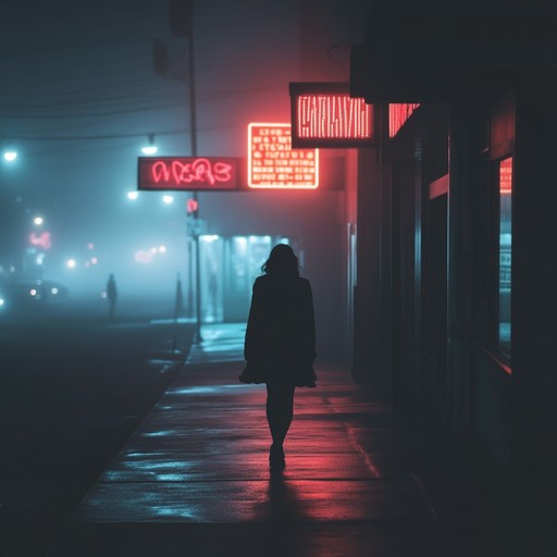 An instrumental electronic track that captures the loneliness and isolation felt while wandering through deserted urban streets illuminated by flickering neon lights.