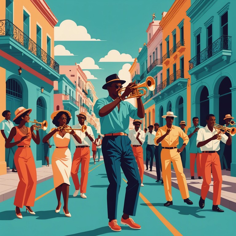 Imagine a bustling street in havana where dancers move passionately to the powerful beats of salsa music, led by the bold and vibrant sounds of a trumpet, urging everyone to join the dance and celebrate the moment.