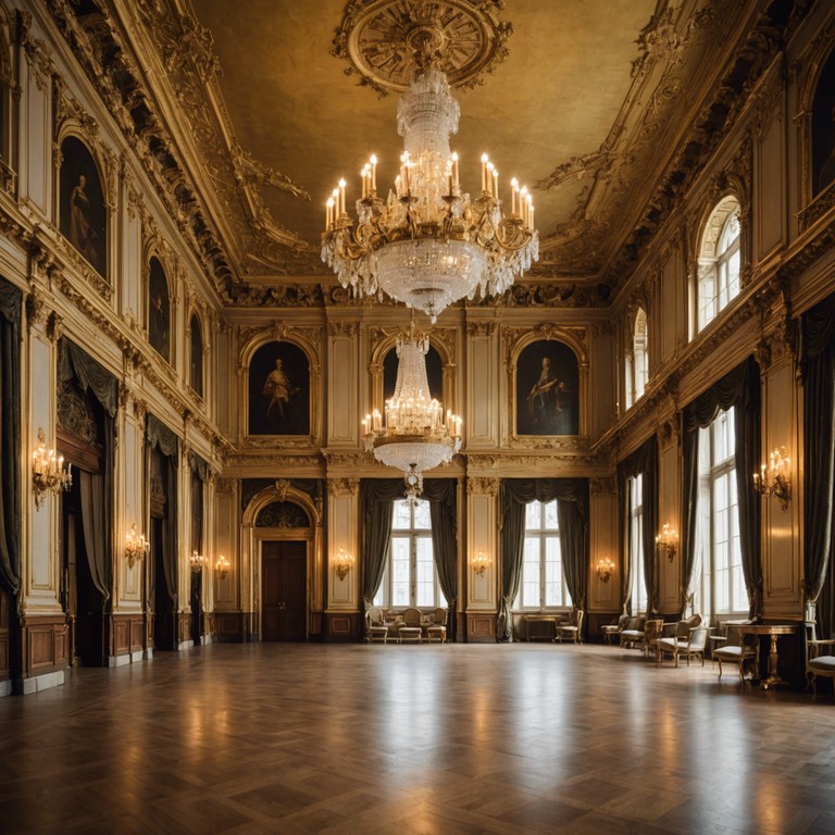 A composition reminiscent of a grand ballroom scene where elite aristocrats gather, the harpsichord's intricate melodies echoing through luxurious, high ceilinged halls, establishing an atmosphere of sophistication and the splendor of 18th century high society