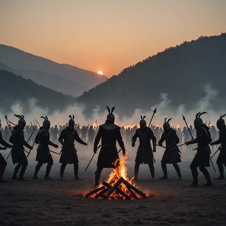 As dawn breaks, the silhouettes of returning warriors are outlined against the glowing horizon. The music swells, capturing the triumphant roar of drums as each warrior recounts tales of bravery. Joy and pride swell in the community, expressed through every beat of the drum.