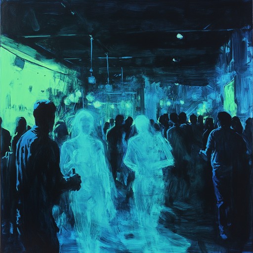 A scene of spectral entities dancing in a vibrant, neon lit funk nightclub, where the living and the dead celebrate in an otherworldly party.