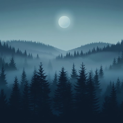 A calm and dark instrumental piece using ethereal sounds and gentle drum beats to conjure images of a midnight stroll through a foggy, moonlit forest where shadows whisper secrets