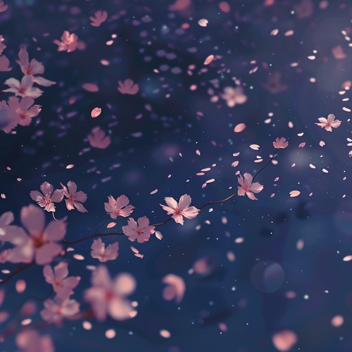 Create an enchanting soundscape with light, airy melodies, embodying the peaceful beauty of cherry blossoms under a sparkling night sky.