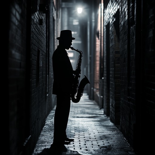 A lone saxophone whispers through darkened alleys, weaving intricate tales of tension and mystery. The rhythmic interplay of bass and drums creates an atmosphere thick with suspense, as shimmering piano chords accentuate the growing unease.