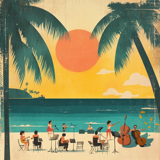 Imagine a lively beachside sunset with a jazzy twist, where afro cuban rhythms blend seamlessly with smooth saxophone melodies, evoking a sense of carefree elegance and spontaneous joy.