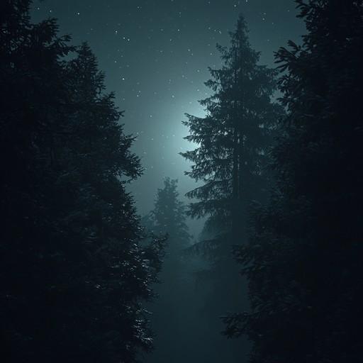 Find tranquility in a shadowed woodland where soft, melodic breezes play among ancient trees under a starlit sky. Echoes of natural nocturnal sounds blend seamlessly with serene, dark tonalities to create a peaceful and enigmatically haunting soundscape.