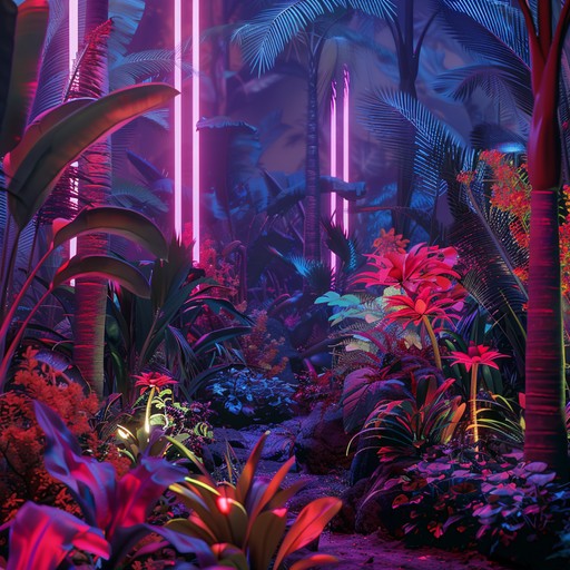 Dive deep into a journey combining synthwave's nostalgic synths with lush exotic percussive elements, evoking imagery of neon lit jungles and cyberdream landscapes.