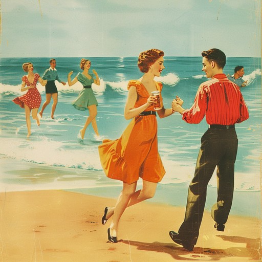 This joyful composition captures the essence of 1950s summer dance parties with a bouncy rhythm and cheerful melodies. The track features vibrant percussion, upbeat bassline, and playful brass sections, invoking nostalgic vibes of retro beachside gatherings full of fun and laughter.