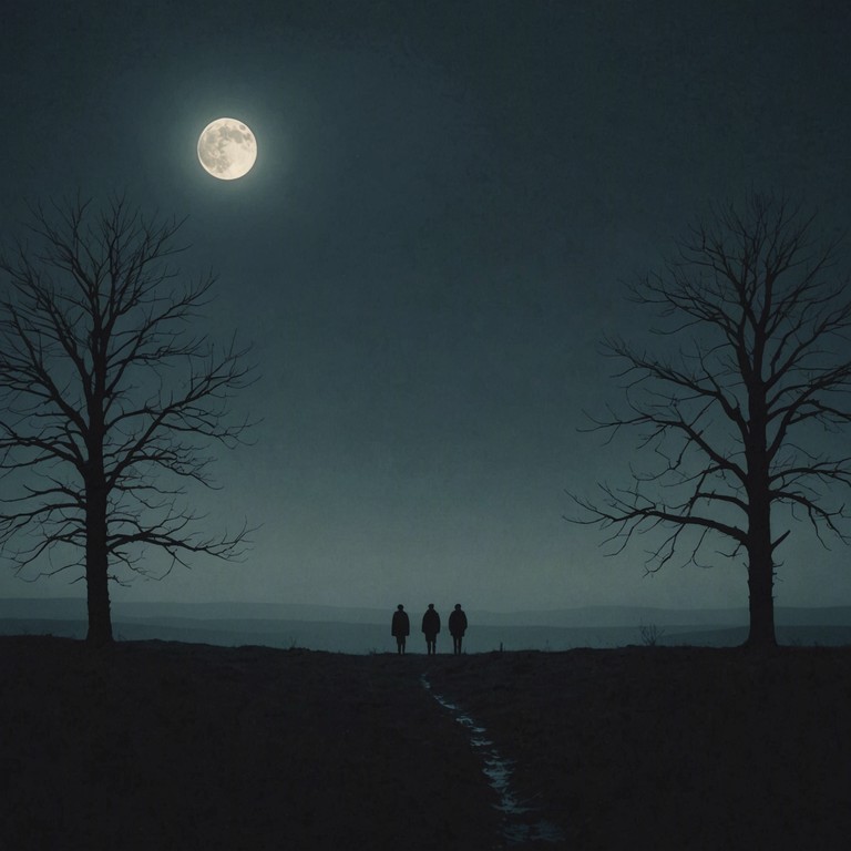 This piece captures a profound, haunting ambiance built on layered, deep strings that weave through darkness and contemplation, reflecting the quiet terror and vastness of a moonlit landscape. It progresses from minimalistic patterns to a lush, enveloping sound, ideal for scenes depicting unresolved tensions or eerie tranquility in films, audiobooks, and dark concept albums.