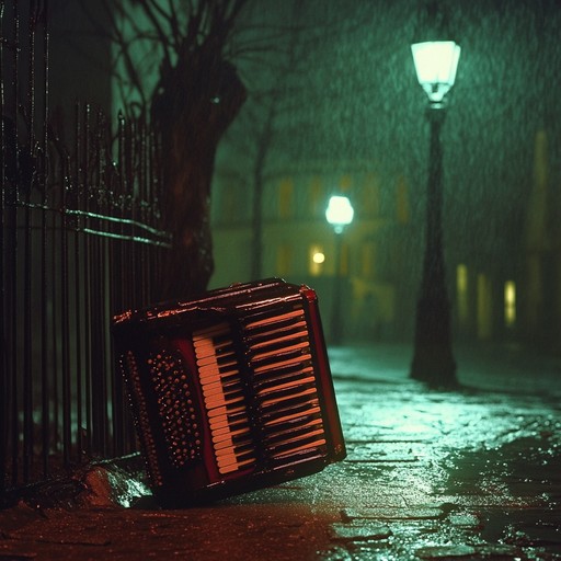 A gentle accordion plays a forlorn melody, reminiscent of rain soaked streets in a small german town. Each note brings back memories of lost love and unfulfilled dreams, evoking a deep sense of loneliness and longing.