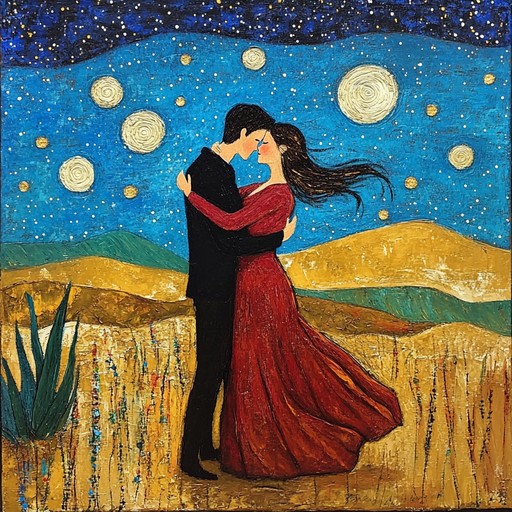 Under the starlit sky, two lovers engage in a captivating and thrilling dance, their hearts pounding in sync with the passionate strums of a spanish guitar in a moonlit desert. Their connection is magnetic, both tender and exhilarating.