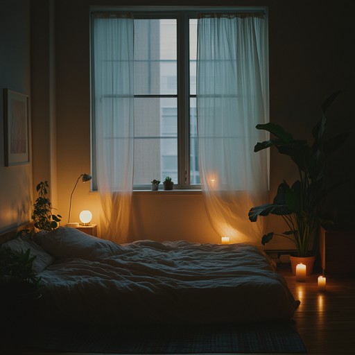 Imagine drifting in a dreamy, serene midnight bedroom landscape; gentle melodies intertwine with lush atmospheric sounds, creating a comforting, introspective ambiance perfect for reflection and relaxation