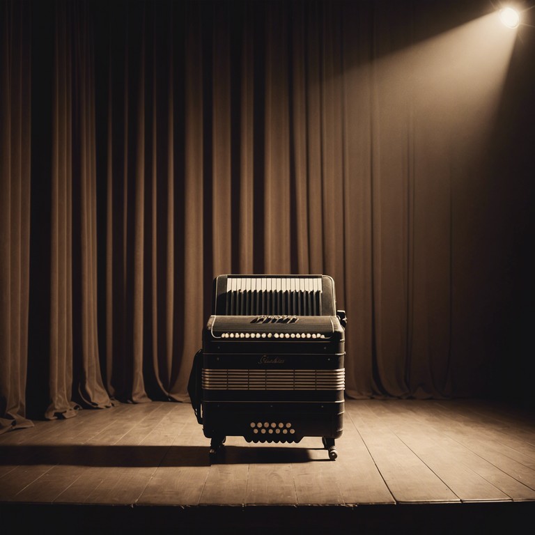 In a dimly lit, almost forgotten cabaret club, the sound of a solitary accordion playing a melancholic and compelling melody echoes. This piece captures the essence of loneliness and nostalgia, enveloping the listener in a deeply emotional, dark musical experience.