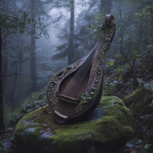 An instrumental folk piece featuring haunting melodies and ethereal harmonies, evoking the enigma of ancient myths and untold stories amidst misty landscapes. The music weaves through time, blending traditional acoustic sounds with subtle modern elements, creating a timeless and otherworldly atmosphere.