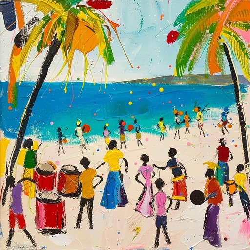 An instrumental calypso track bursting with energy and vibrancy, featuring snappy percussion and spirited melodies that evoke the lively atmosphere of a beachside carnival. Steel drums, horns, and marimbas set the tone for a tropical dance celebration.