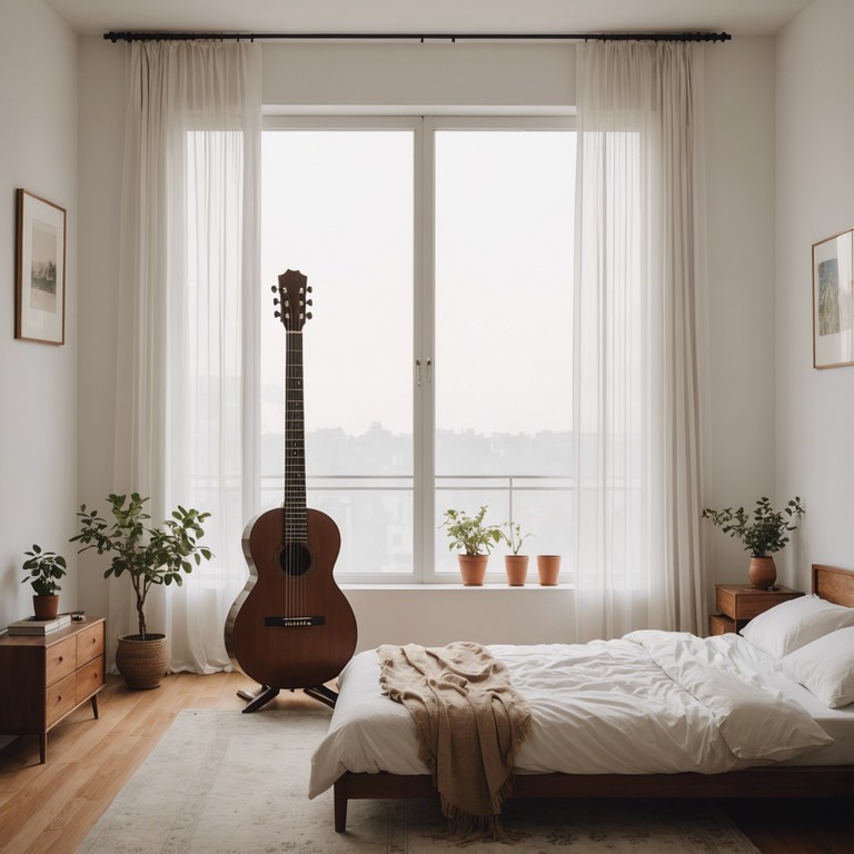 Imagine a space bathed in the soft glow of the early morning, where gentle sitar tunes weave through the whispers of waking nature, crafting an intimate moment of peace and self reflection.