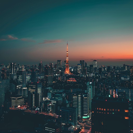 A slow moving j pop instrumental capturing the somber and melancholic mood of a quiet tokyo night, featuring gentle piano arpeggios and delicate strings, evoking a sense of nostalgia and introspection seasoned with subtle electronic elements.