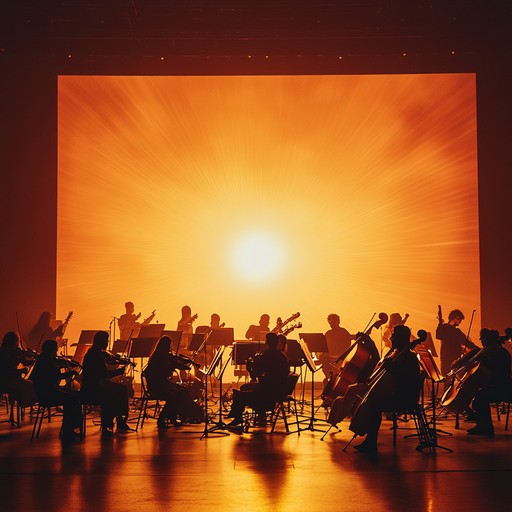 Visualize a radiant dawn where powerful guitar riffs meet orchestral brilliance. The symphony of sounds creates an atmosphere of sheer joy and triumph, lifting spirits.