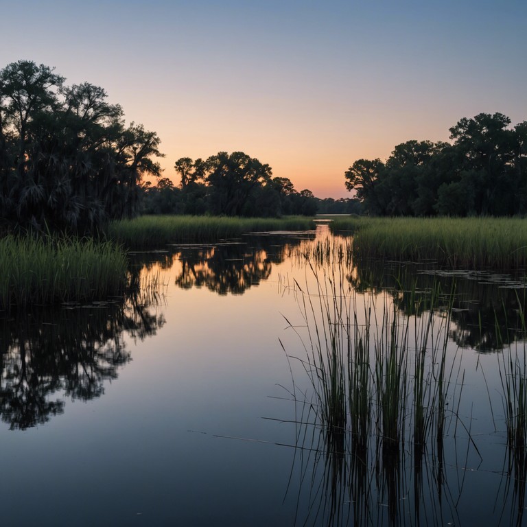 Imagine a serene evening by the bayou, where the only sound is the gentle hum of nature intertwining with soulful, tranquil harmonica tunes played by an unseen bluesman. The music encapsulates the essence of calmness, blending with the night sounds to create a peaceful ambiance.