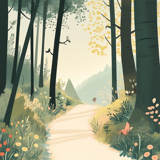 An instrumental piece featuring gentle melodies that evoke the feeling of a peaceful walk through a magical forest with sounds of nature and calming harmonies to relax and soothe young listeners