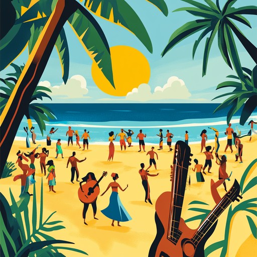 An instrumental bossa nova piece bursting with energy, featuring lively rhythms and vibrant melodies that capture the joyful spirit of brazilian beach life. The track blends infectious guitar strumming with percussive beats to evoke images of sun soaked sands, dancing, and the warmth of a tropical paradise.