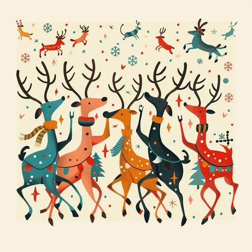 Picture a cozy ski lodge filled with happy people dancing and swaying to a fast-paced, toe-tapping polka melody. Accordion and fiddle trade playful solos over an energetic oompah beat from the tuba and snare drum. The joyful vibe evokes drunken reindeer frolicking merrily in the snow under twinkling christmas lights.