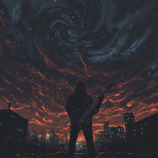 An instrumental track blending heavy metal guitar riffs with deep hip hop rhythms, creating a mysterious and energetic soundscape filled with dark melodies and intense beats