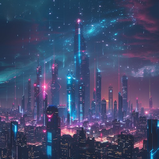 Embark on a vibrant adventure through the stars with energetic synths and cosmic beats, blending futuristic new wave with ambient textures to create a neon drenched dreamscape.