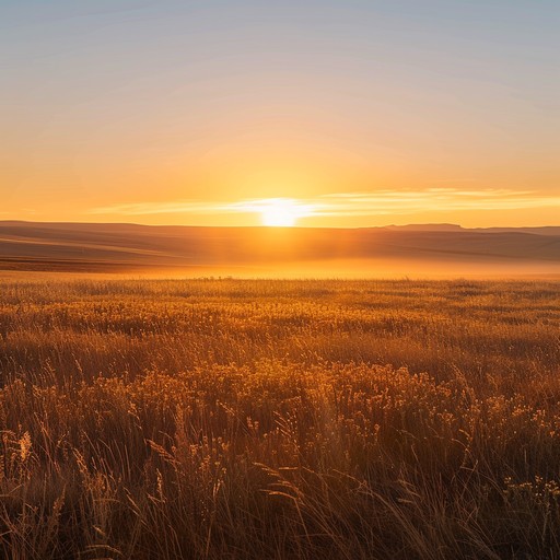 Picture a peaceful morning on the open prairie, as the first rays of golden sunlight peek over the horizon, illuminating the gently swaying grass and wildflowers. The melody is carried by the warm, comforting tones of an acoustic guitar, accompanied by the subtle twang of a steel guitar and the gentle whisper of a harmonica. The music captures the serenity and hope that comes with the dawn of a new day in the countryside.