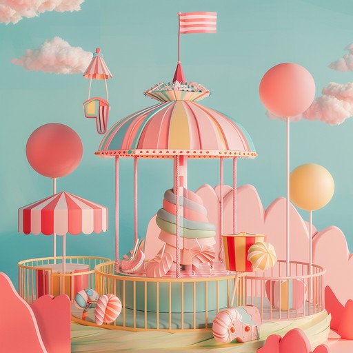 A whimsical and joyful melody that evokes the sights, smells, and tastes of a vibrant candy-themed carnival. The music is light, playful, and full of childlike wonder, with hints of caramel, cotton candy, and chocolate wafting through the air. The festive atmosphere is palpable as the tune weaves its way through the bustling fairground, past colorful candy stalls and laughter-filled game booths.