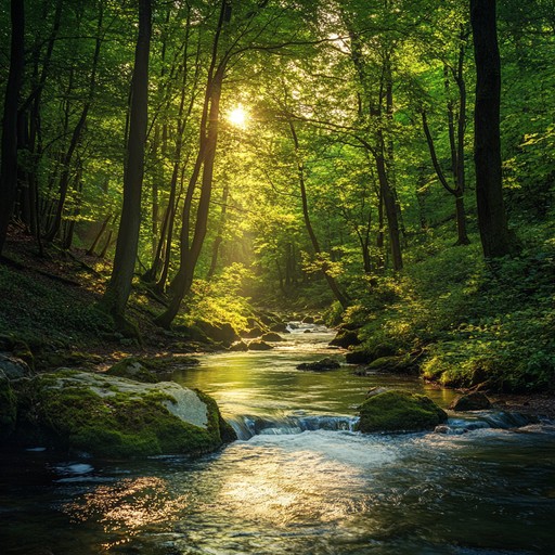 Imagine a serene stream flowing through a sunlit forest, where gentle water sounds blend with soft, harmonious tones to create a tranquil auditory scene. This calming piece uses natural water sounds alongside minimalist instrumental harmonies, evoking peace and stillness.