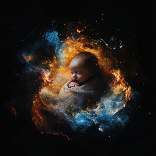 Imagine a musical piece capturing the enigmatic and profound moment of birth, merging celestial soundscapes with earthly emotions to form a transcendent auditory experience. Shimmering harmonics intertwine with the resonant tones of a marimba, narrating the beginning of life as a cosmic journey.