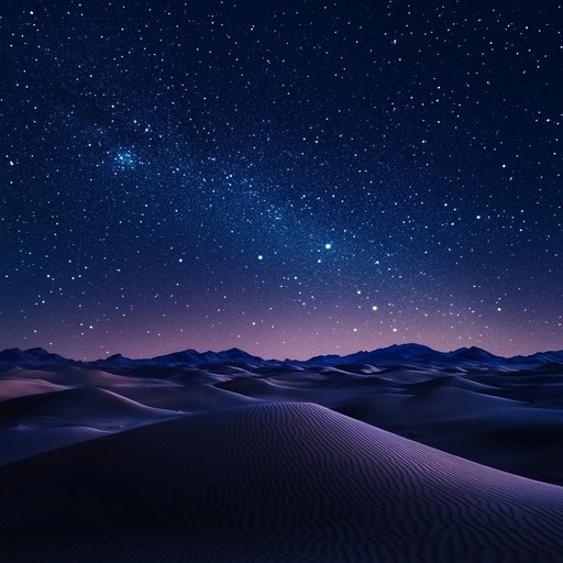 A fusion of serene desert evening ambiance, featuring a delicate interplay of traditional middle eastern instruments and modern soft electronic undercurrents. Gentle oud melodies weave through electronic soundscapes, evoking calm, wonder, and night time tranquility