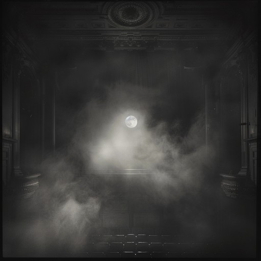 Imagine a moonlit victorian theatre where ethereal tunes guide shadowy performers through a haunting cabaret, blending eerie with dreamlike enchantment.