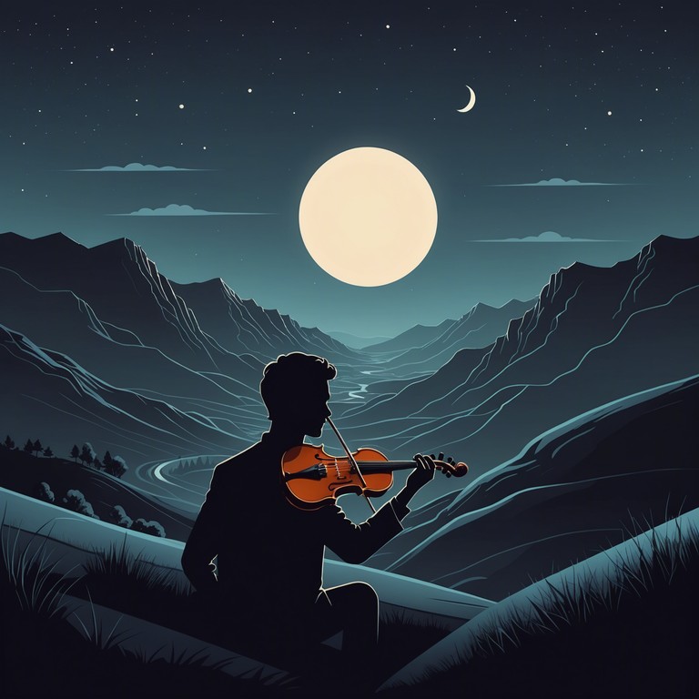 The piece opens with gentle, ethereal plucking of violin strings, evolving into a powerful expressive performance that captures the heart of a mysterious night in the hills, as if nature itself is whispering secrets in the moonlight.