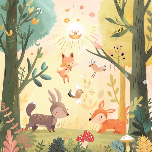 A whimsical orchestral arrangement evoking the playful antics of woodland creatures, filled with lighthearted melodies and lively rhythms. The song paints a vivid picture of a sunny day in an enchanted forest, where animals frolic with carefree joy. The orchestration combines strings, woodwinds, and light percussion to create a joyous and carefree atmosphere.